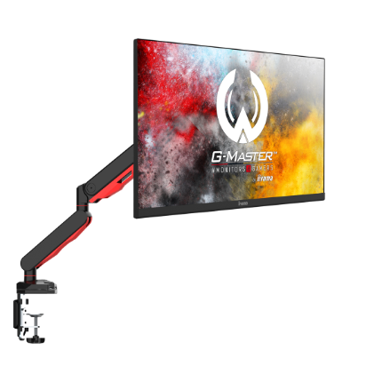 Gaming desk mount for single monitor with height adjustable gas spring. Deskmount with clamp or grommet. Monitor up to 9kg