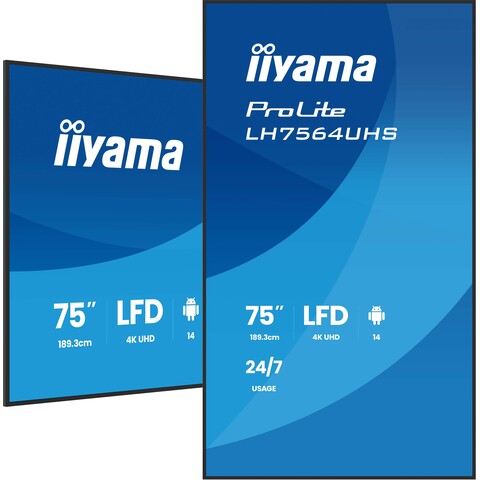 75" UHD 24/7, Haze 25% 500cd/m², DLED IPS panel, Portrait Support, WiFi, Android and iiSignage²