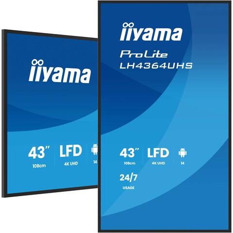 43" UHD 24/7, Haze 25% 500cd/m², DLED VA panel, Portrait Support, WiFi, Android and iiSignage²