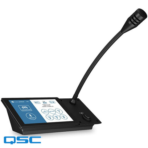 Q-SYS Touchscreen Page Station, desktop form factor with gooseneck mic