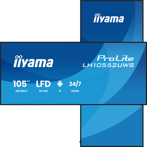 105" 21:9 Panoramic Commercial Signage, 5120x2160, 24/7 500cd/m², Portrait Support, Android OS, Speakers, USB-C (100W PD), WiFi, BT, Wall mount included