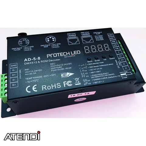 [ATP-AD-5-8] LED Driver/Dimmer 5ch, DMX/RDM, 12-24V, 8A/ch, 16bit