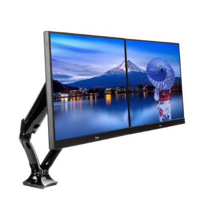 [IIY-DS3002C-B1] Flexible desk mount for dual monitor with height adjustable gas spring. Deskmount with clamp or grommet. Monitor size 10~27"