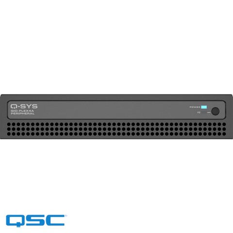 [QSC-QIO-FLEX4A] Q-SYS I/O Expander providing 4 FLEX I/O, 4x8 GPIO, 2 amplifier outputs, 1 RS232 port, PoE